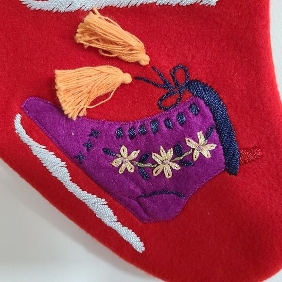 Red Felt Christmas Stocking With Embroidered and Appliqued Ice Skates and Tassel - Picture 5 of 15